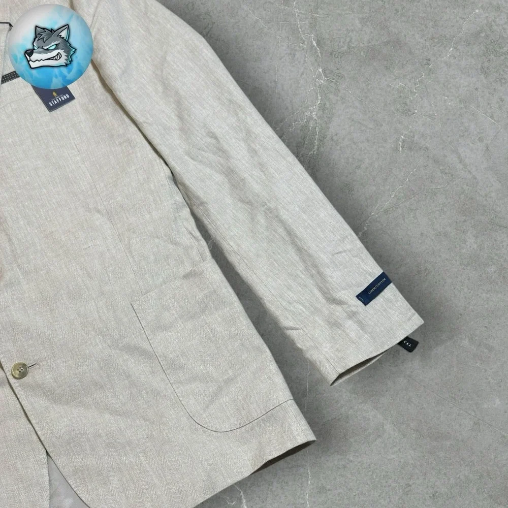 New Stafford Classic Fit Linen Cotton Sand Herringbone Sport Coat Blazer 48L